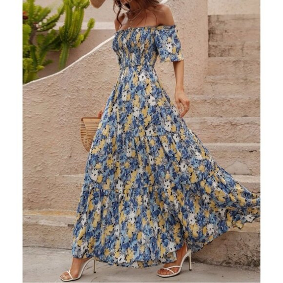 Dresses & Skirts - Enchanting A  Line Floral Shirred Off Shoulder Maxi Dress